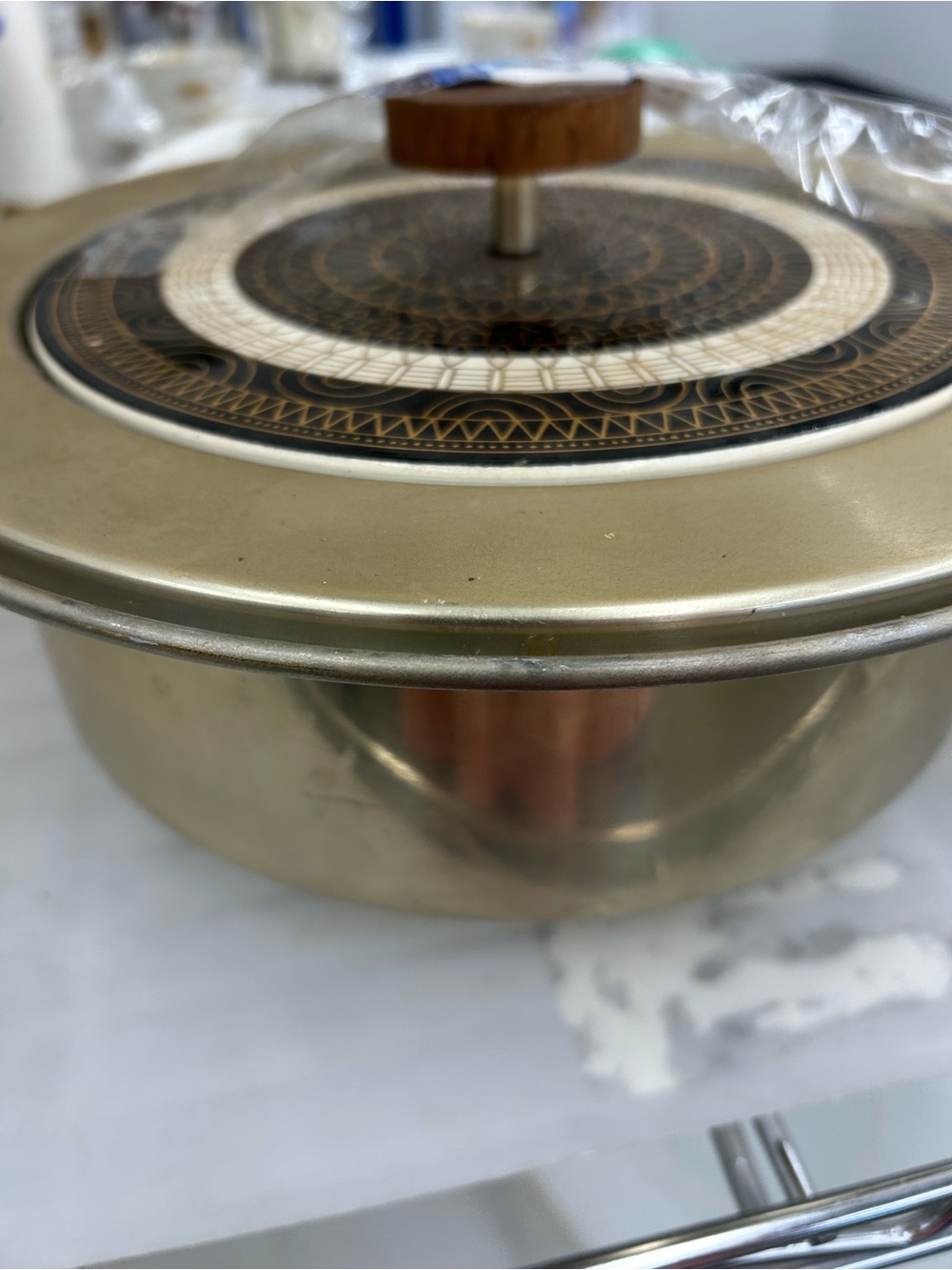 VINTAGE BRUEHNER WASSER DURABRASS Covered Serving Dish with Ceramic-Top Lid